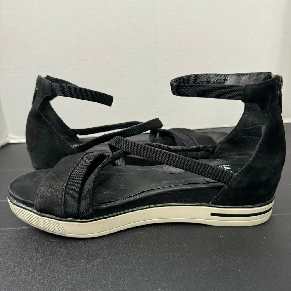 Eileen Fisher Sola Black Nubuck Criss Cross Ankle Strap Heel Zipper Sandals